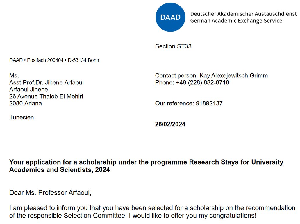 It's great news that Dr. Arfaoui from  the University of Tunis El Manar has secured a scholarship from the DAAD to stay in my lab at University of Cologne!