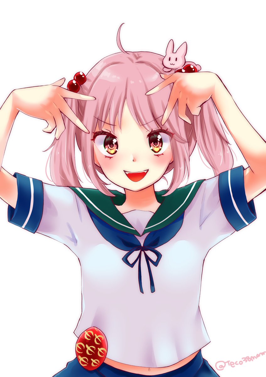 sazanami (kancolle) 1girl badge school uniform pink hair serafuku twintails hair ornament  illustration images