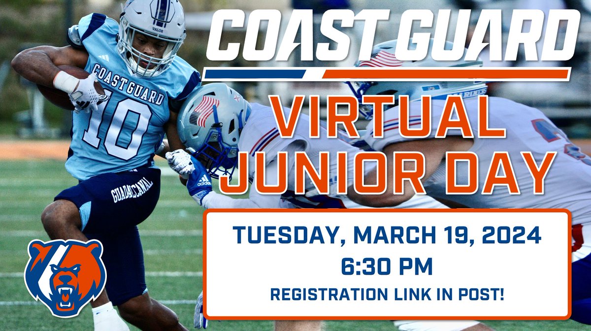 Are you interested in serving your country and playing college football at an ELITE college that charges NO TUITION and GUARANTEES a challenging and rewarding career? Sign up for our Virtual Junior Day and see if the Coast Guard is right for you! forms.gle/ukqgg3h12Lys7X…