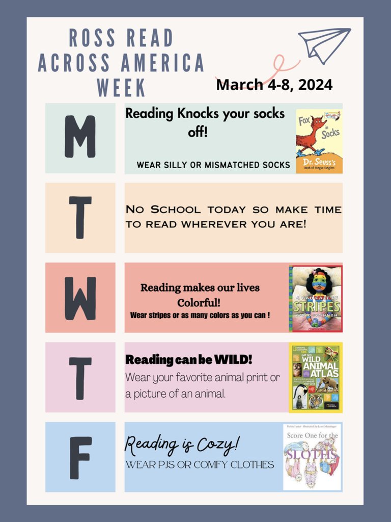 Coming up next week are some fun dress up days as we celebrate Read Across America Week! 

Also, don't forget there is no school next Tuesday, March 5. It is a staff development day.