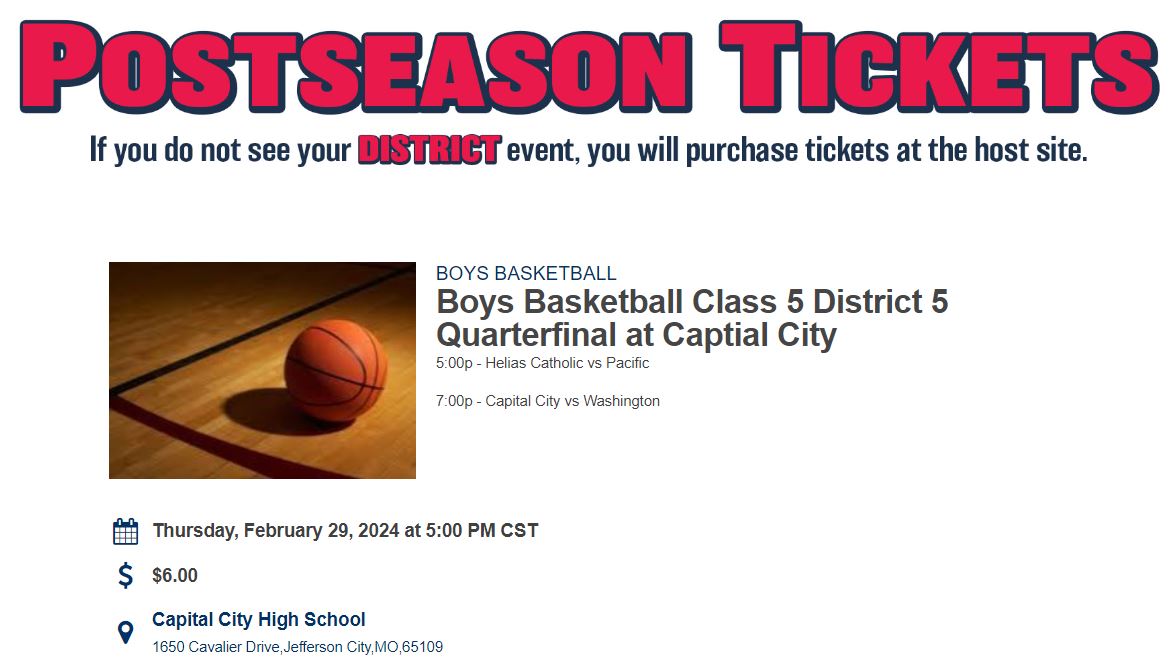 Coming to the <a href="/capcityhsbball/">Capital City Boys Basketball</a> district basketball game on at <a href="/CCHSCavs/">Capital City High School</a>?! See below 👀👇

- Tickets = purchased online OR cash
- CCHS student tickets will be paid for by school district
- Online tickets: mshsaa.org/Tickets.aspx
- Live streamed on mshsaa.tv

#GoCavsGo