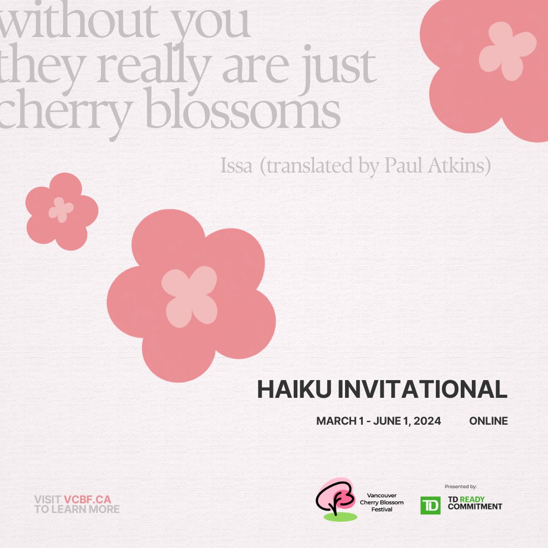 The #HaikuInvitational is back! From March 1-June 1, whether you're a newcomer or a seasoned haiku enthusiast, celebrate the beauty of nature and the art of writing with us. Theme: Cherry Blossoms. Submit your haiku: vcbf.ca/event/haiku-in…