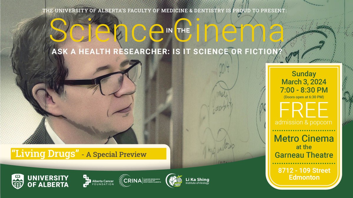 Join a special viewing of “Living Drugs”, a documentary on the ground-breaking research of Dr. Michel Sadelain which has revolutionized cancer treatment.

March 3 @ 7 pm in the Garneau Theatre.

Free admission and popcorn: bit.ly/4a45gKD