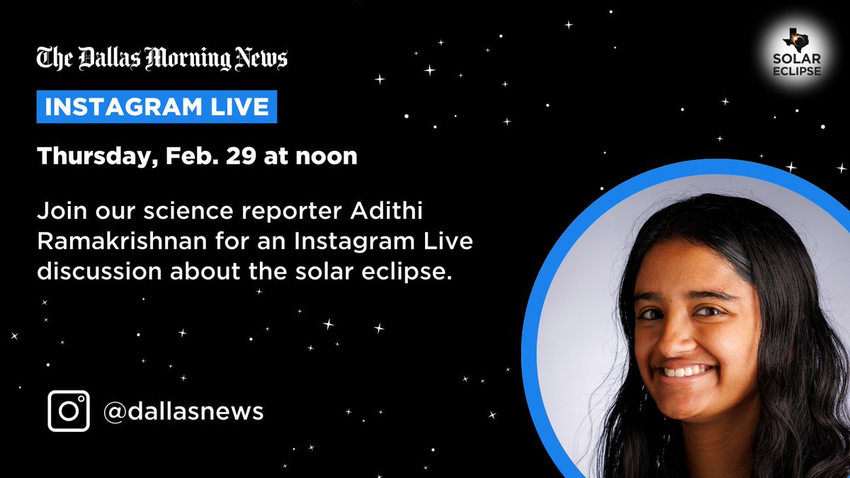 🌑 Do you have questions about the total solar eclipse that will sweep across North America April 8? Our science reporter @adithi_r1 will answer them during an Instagram Live on Thursday. Share your questions with us here: dallasnews.com/help/what-do-y…