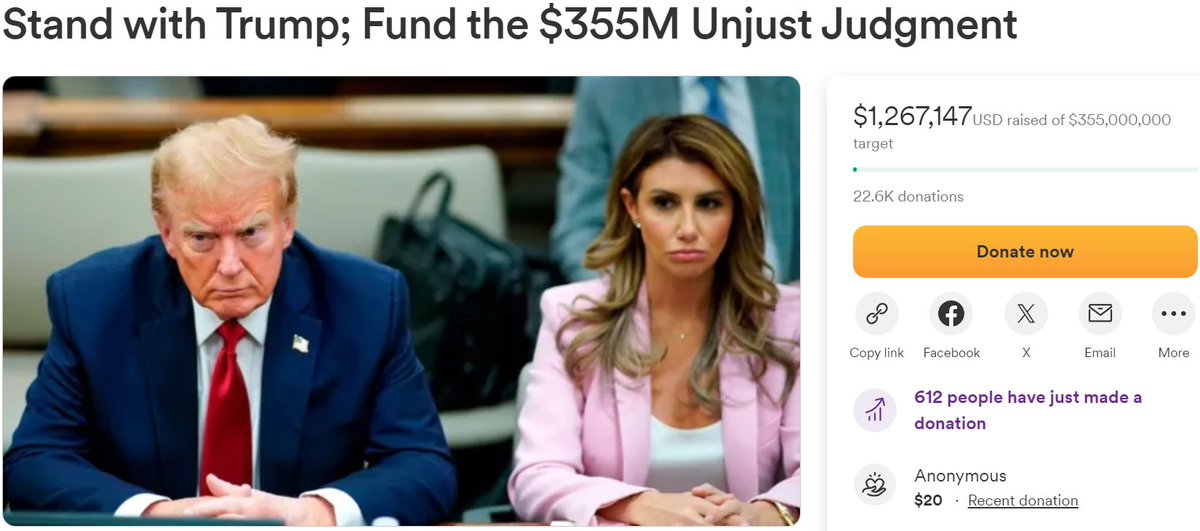 Nice to see Trump's GoFundMe going so well. $14,000 pledged in the last day. At that rate it will hit target in just .. checks notes .. 71 years