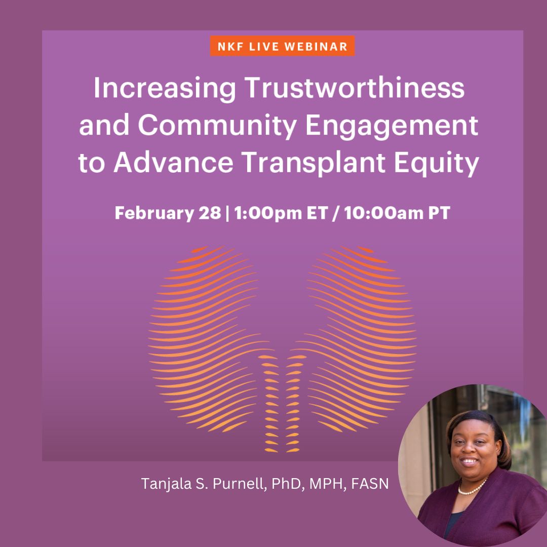 Join the National Kidney Foundation for a live webinar and panel discussion, featuring Brancati Center Education Director Dr. Tanjala Purnell , on February 28th at 1:00pm. To register, please click here: kidney.zoom.us/webinar/regist…