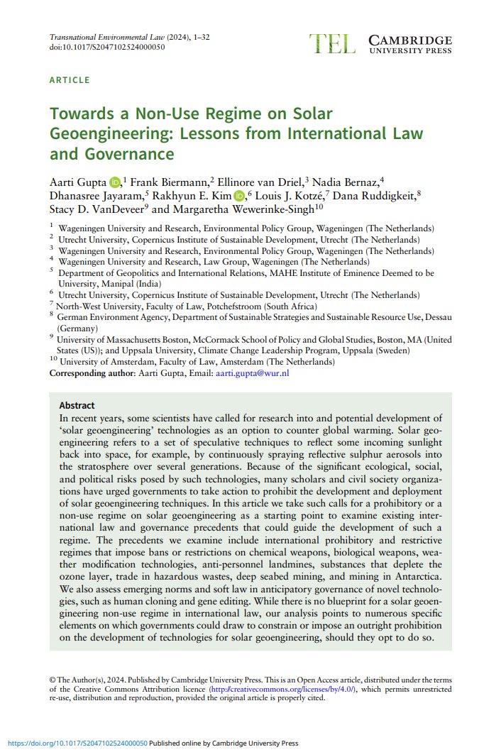 Now in #firstview and #openaccess at @TELjournal: 'Towards a Non-Use Regime on Solar Geoengineering: Lessons from International Law and Governance' @AartiGupta17 et al. cambridge.org/core/journals/…