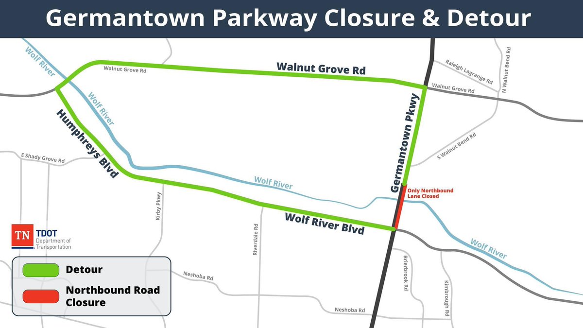 germantowntenn's tweet image. Beginning on Friday, March 1, at 8 p.m., TDOT contract crews will be closing the northbound lanes of Germantown Road for repairs to the Wolf River Bridge. The northbound lanes will not reopen until Monday, March 11 at 6 a.m. More: germantown-tn.gov/Home/Component…
