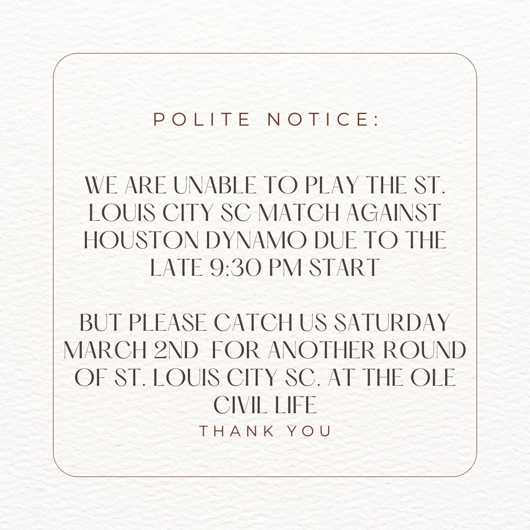 Sadly we will not have the St. Louis CITY SC game on Tuesday at 9:30 pm due to a scheduling error of mine. Your overworked publican, Jake