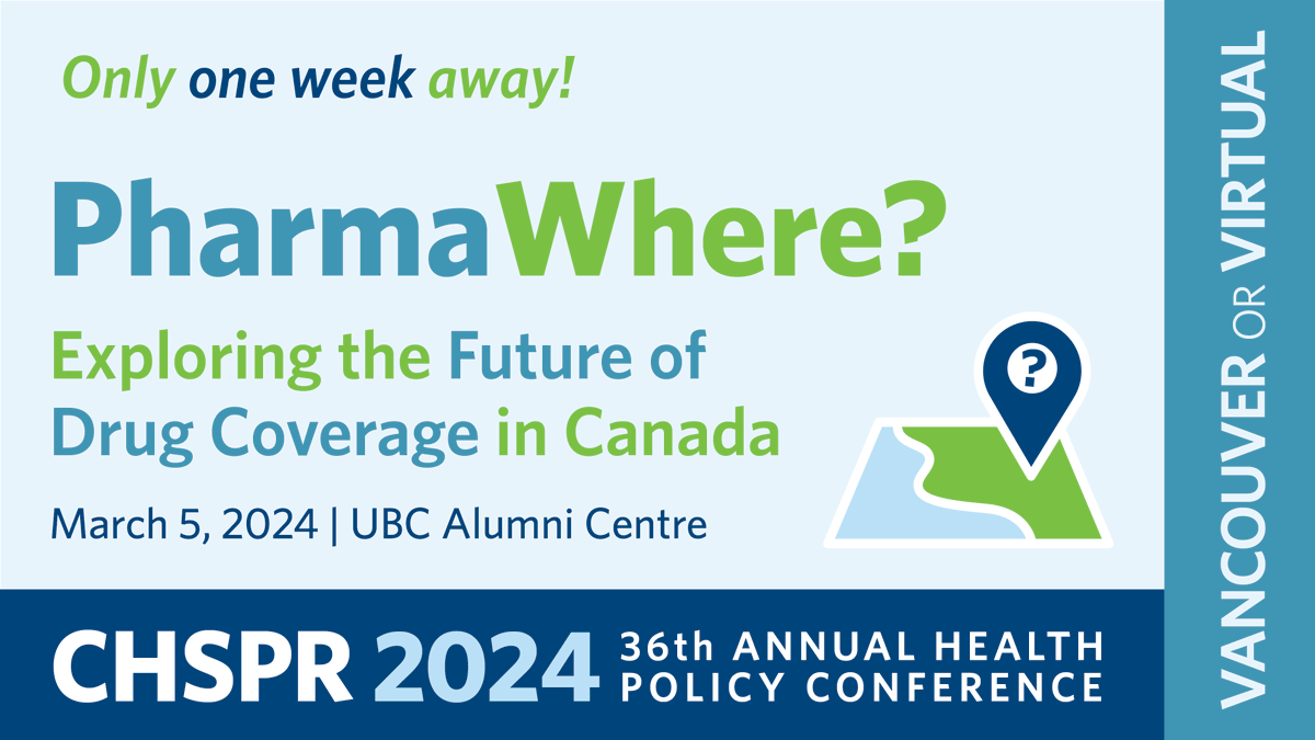 #Pharmacare is in the news and #CHSPR2024 is only one week away! The 36th annual CHSPR health policy conference will explore the future of drug coverage in Canada at a time of significant policy development. Program, speakers, workshop & registration: chspr.ubc.ca/conference/