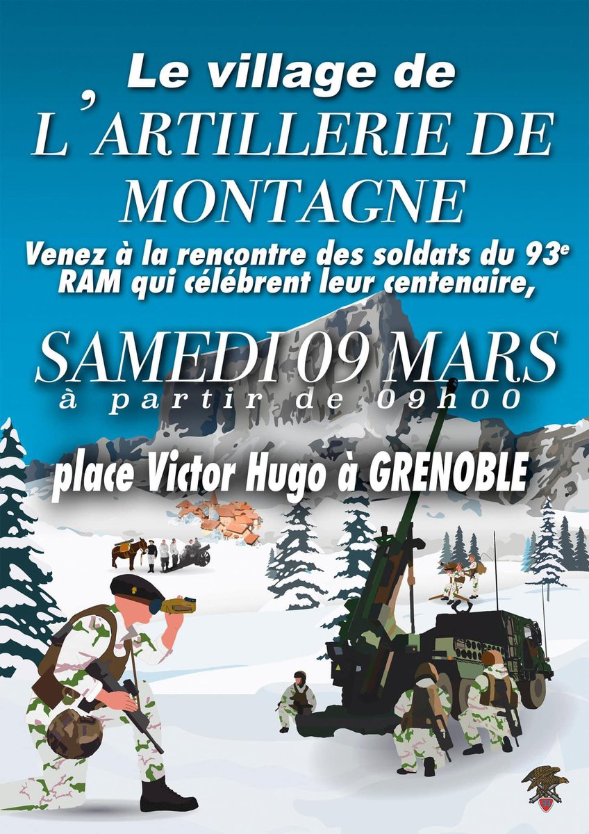 On vous attend le 9 mars place Victor Hugo <a href="/VilledeGrenoble/">Ville de Grenoble</a> au village de l'artillerie de montagne pour célébrer le centenaire du régiment 🏔️🇫🇷🔥. Evenement manifestant le lien #ArmeeNation et tourné vers #JeunessedeFrance. <a href="/27bim/">27e Brigade d'infanterie de montagne</a> <a href="/armeedeterre/">Armée de Terre</a> @Defense_Sud_Est <a href="/CDC_99eRI/">Recrutement Terre Sud-Est</a>