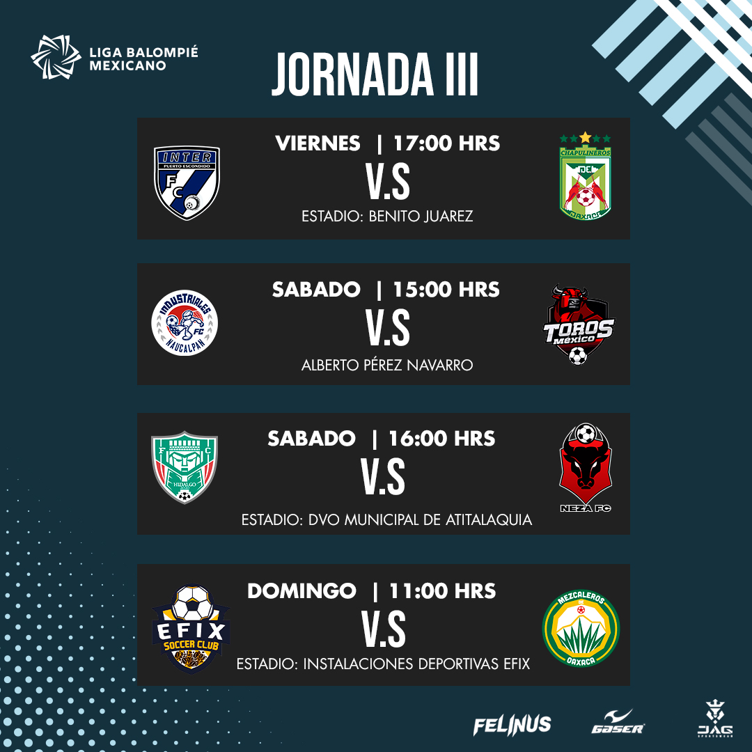 💥No te puedes perder los encuentros de la jornada 3💥

Sé más, sé mejor, sé más grande de lo que has sido hasta ahora.
Megan Rapinoe

El club Kunda'vi F.C. y Fútbol Club Albiazul descansan en esta jornada.

#BalompiéMexicano #J3 #PorAmorAlBalompié #SomosBalompié #YoConBalompié