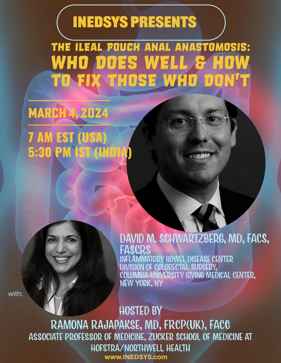 Colleagues, Inviting you to join a virtual meeting on, 'The Ileal Pouch Anal Anastomosis' Who Does Well & How To Fix Those Who Don't' with @SchwartzbergMD and @RORajapakse on Mar 4, 2024 07:00 AM Eastern Time Register: us06web.zoom.us/meeting/regist… @AmerGastroAssn @AmCollegeGastro