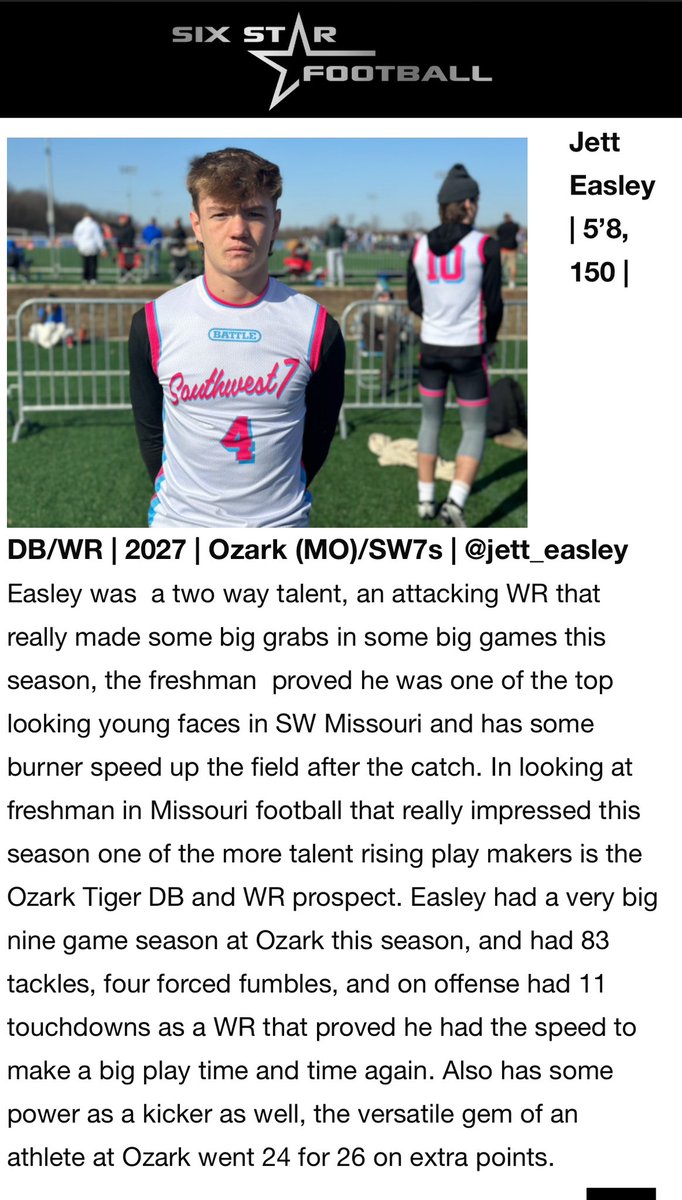 Southwest7v7's tweet photo. Last but not least, this freshman is an absolute problem on both sides of the ball! Easy to coach, and the ultimate competitor! @jett_easley will be on a lot of radars for years to come! @6starfootballMO @OzarkTigersFB https://t.co/MksrXgEtyG