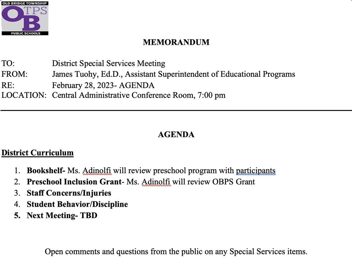OBPS Special Services District Committee Meeting tomorrow (2/28/24) at 7:00 pm at the Central Administrative Conference Room. Please see agenda attached. @OBSupCittadino @OBassistantsup @OB_Dougherty @OB_Adinolfi @OBsepag @SEPTAOldBridge