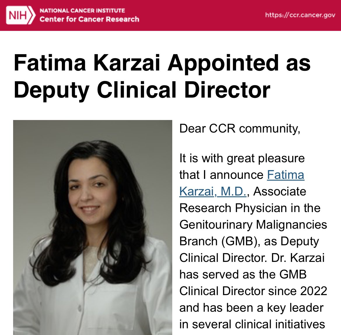 🎉Congratulations Dr. Fatima Karzai!🎉 @FatimaKarzai @nciccr_gmb @NCIResearchCtr
