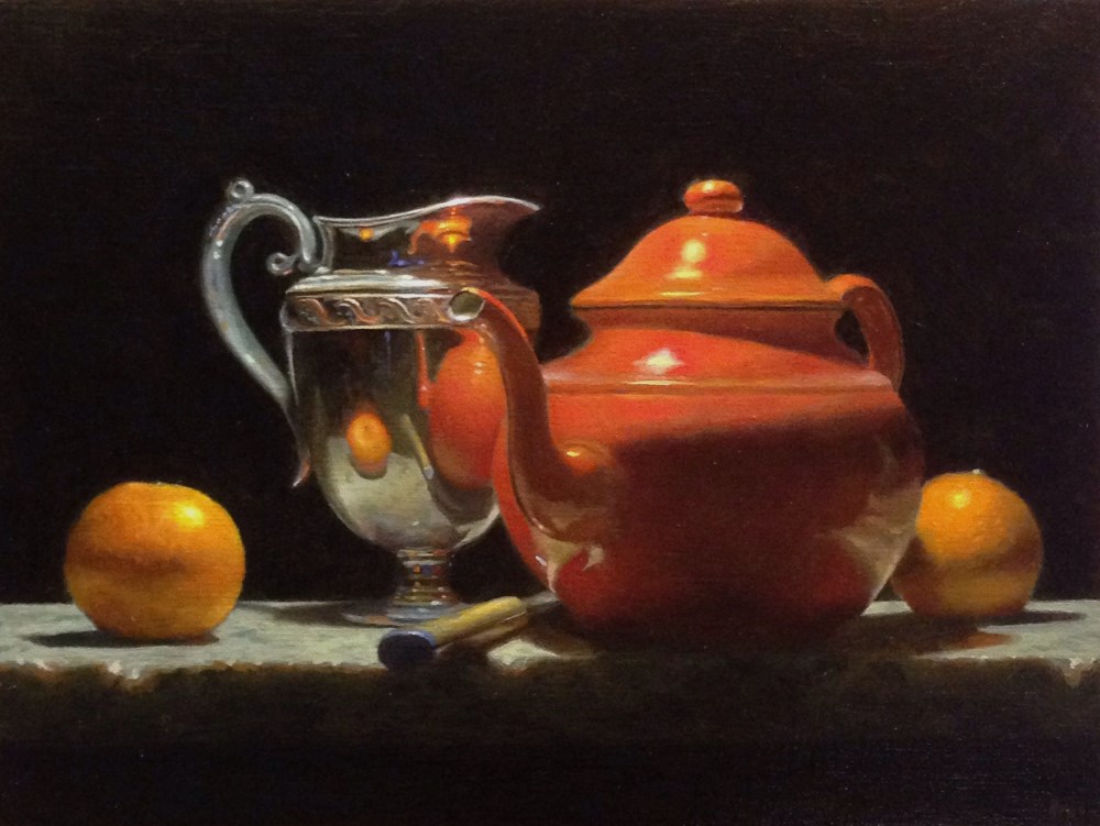 Sometimes the reflections make the painting. For your enjoyment, this is 'Oranges, Silver, and Red Teapot', oil on linen, 9x12 inches / 22x30 cm (sold). #art #painting #stilllife