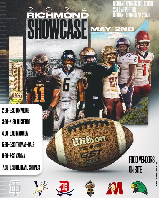 All College Coaches Welcome
Richmond High School Football Showcase at Highland Springs High School

May 2nd 2024Showcase 2:30-8:30 
🚫 This Event is Closed to the Public
@On3Recruits <a href="/VaPrepsRivals/">Virginia Preps</a> <a href="/TheRVASportsNet/">RVA Sports Network</a> <a href="/CBS6SportsSean/">Sean Robertson</a> <a href="/LemmingReport/">Tom Lemming</a>