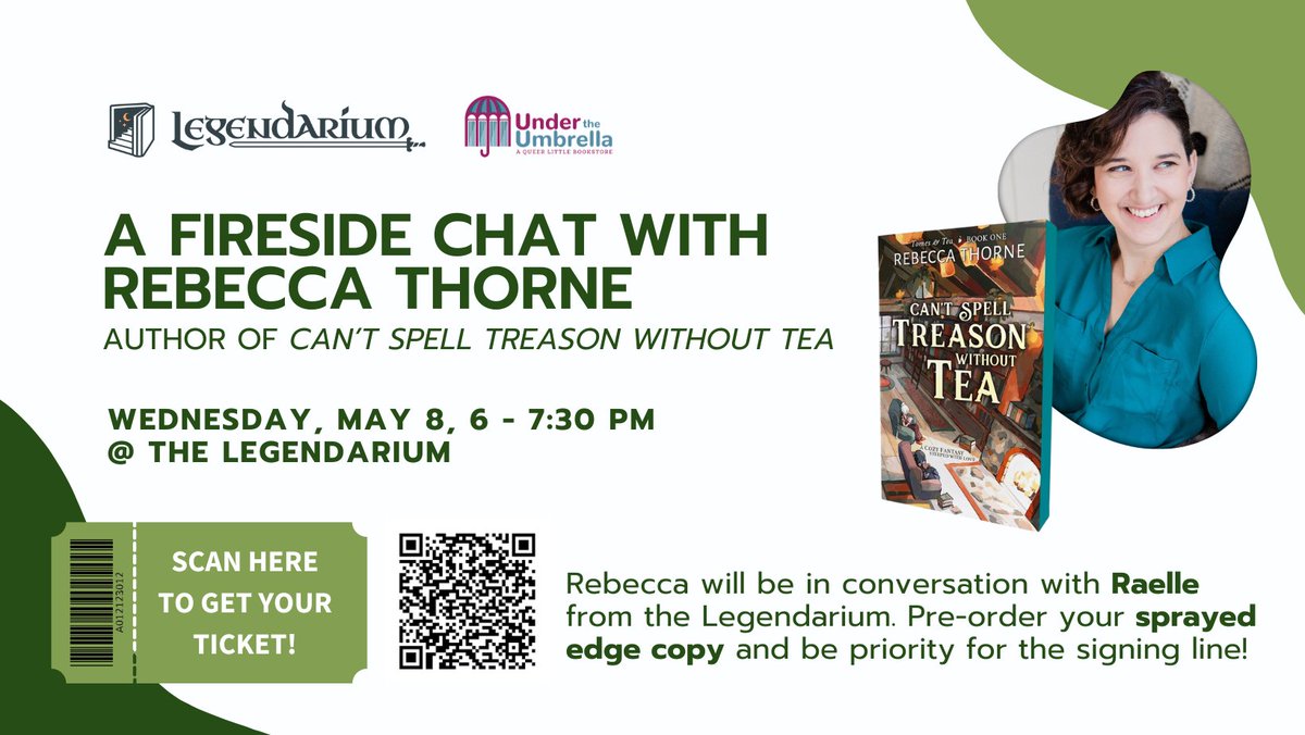 SURPRISE! Under the Umbrella and <a href="/legendariumbook/">The Legendarium</a> are teaming up for another author event--this time with romantasy author Rebecca Thorne to celebrate the re-release of Can't Spell Treason Without Tea, a cozy Sapphic fantasy with new teal sprayed edges! eventbrite.com/e/rebecca-thor…