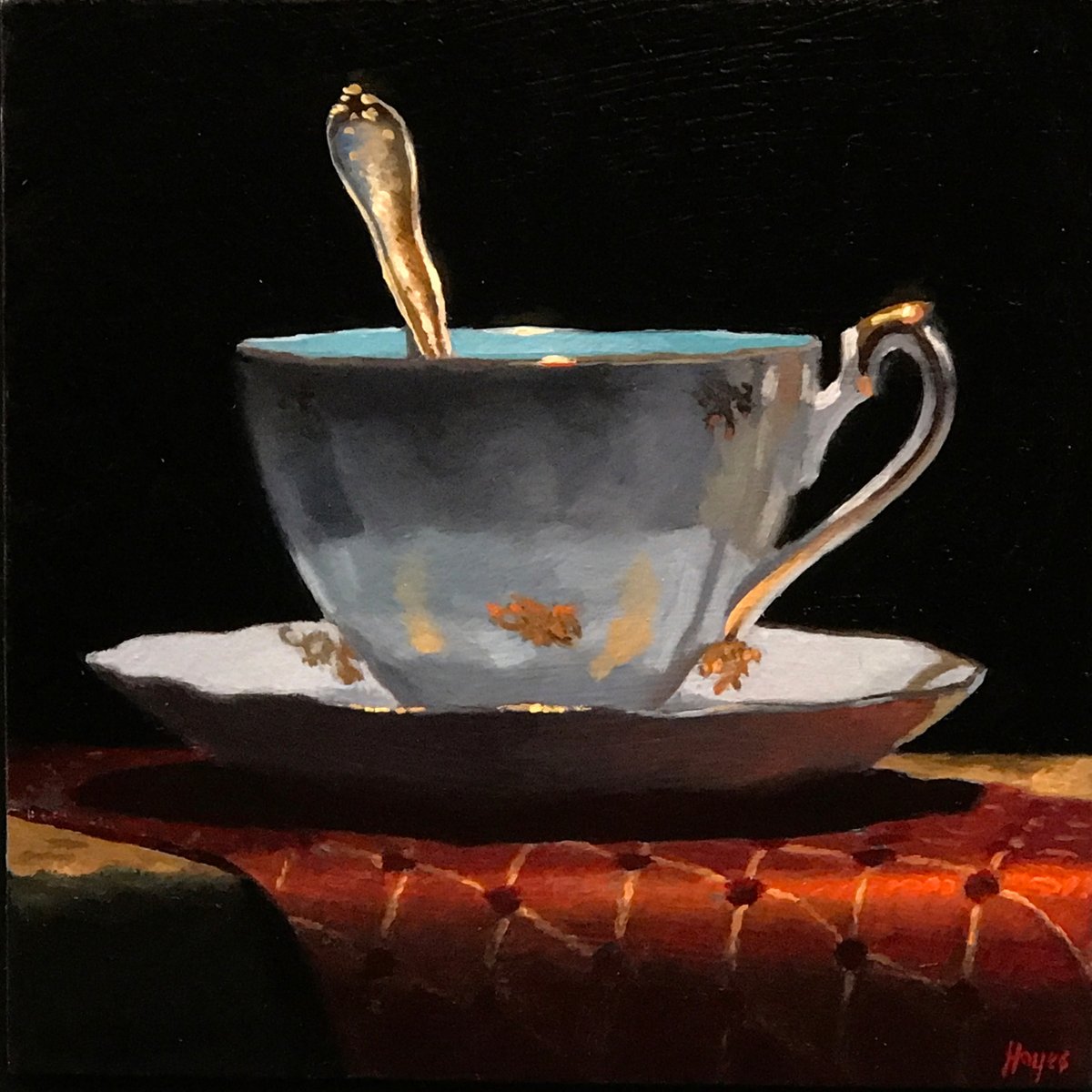 For your enjoyment, this is 'Gold-Trimmed Teacup and Red Brocade' from 2022, oil on panel, 5x5 inches / 12x12 cm (sold). #art #painting #stilllife