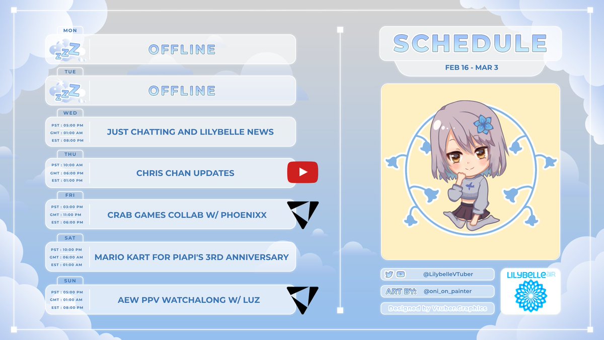 LilybelleVTuber's tweet image. 🩵FEB 26 - MAR 3 SCHEDULE💙           

Last schedule before I head off to my friend's wedding! Times are very sporadic this week so I can't wait to see my EU/Asia friends more 😘:

🎨: @oni_on_painter
✈️Art and Assets: #LilybelleArtLine #LilybelleAuto 
✈️Fans: #FrequentFlyers