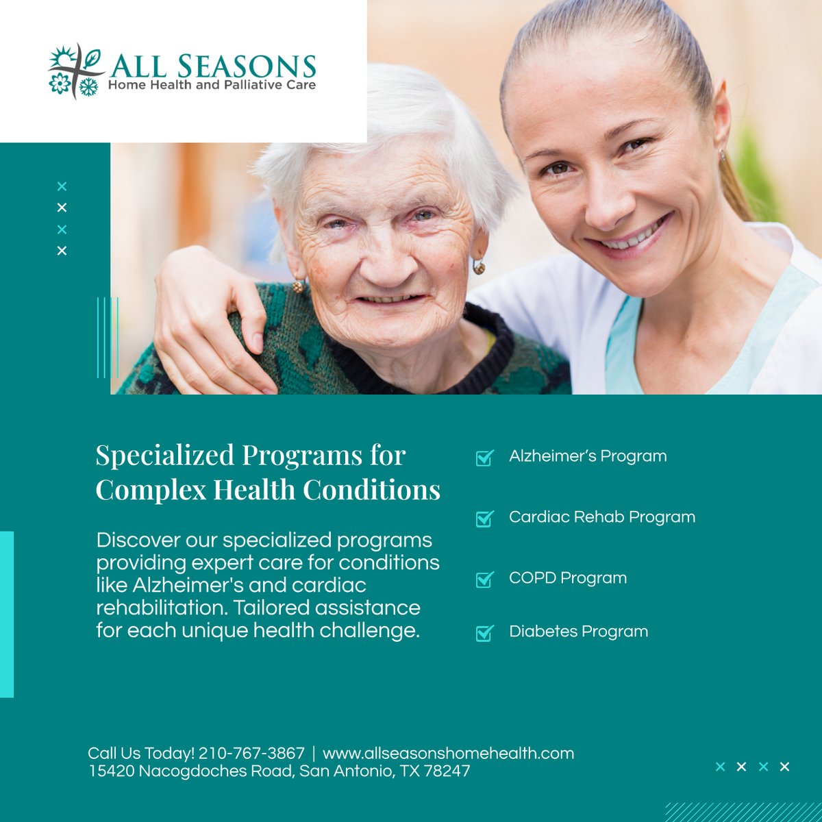 allseasonshhpc's tweet image. Our specialized programs offer expert care tailored to unique health challenges. Explore Alzheimer&apos;s, Cardiac Rehab, COPD, and Diabetes programs. 

#SanAntonioTX #HomeHealthCare #SpecializedPrograms
