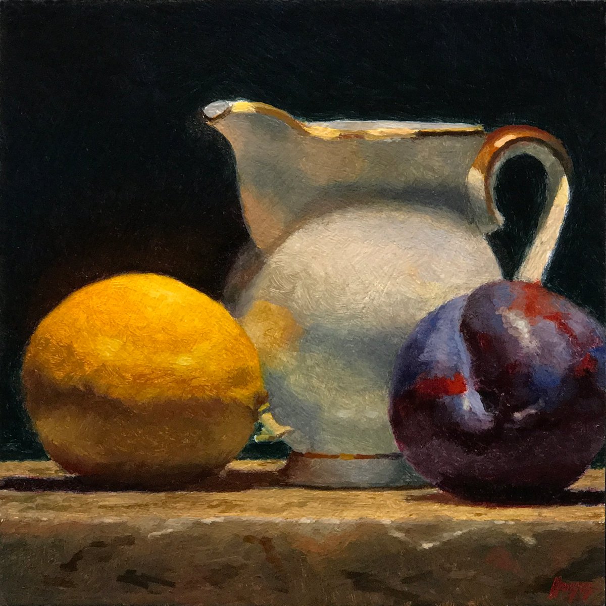 Study in softer light. For your enjoyment, this is 'Lemon, Creamer, Plum', oil on panel, 5x5 inches / 12x12 cm (sold). #art #painting #stilllife