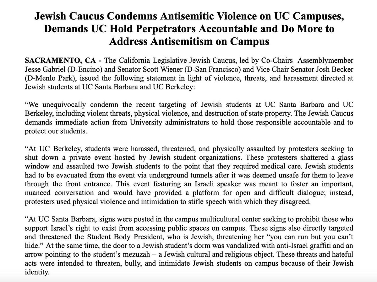 CAJewishCaucus's tweet photo. Our Caucus’s statement on violence toward &amp; harassment of Jewish students at UC Berkeley &amp; UC Santa Barbara: https://t.co/RfGHwoP5q1