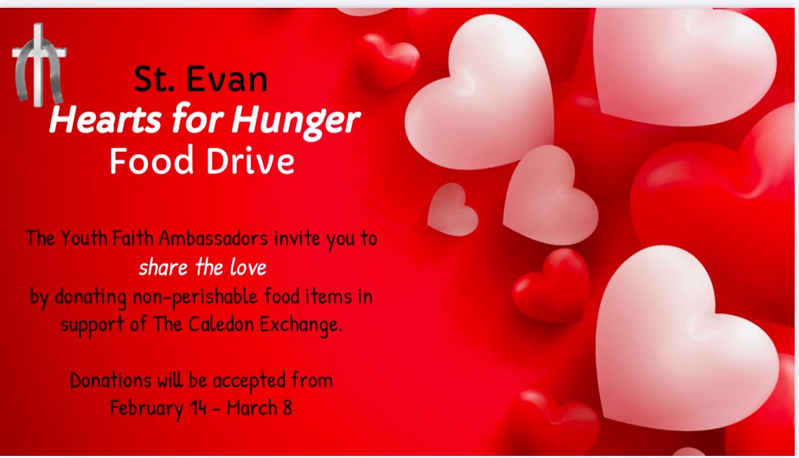 Mrs. Travaglini (@travaglininga) on Twitter photo Hey <a href="/St_EVAN_Caledon/">St. Evan Catholic Elementary School</a> don’t forget to help support our Hearts for Hunger food drive which will benefit <a href="/CaledonExchange/">The Exchange</a>. Please give what you can❤️ Hey <a href="/St_EVAN_Caledon/">St. Evan Catholic Elementary School</a> don’t forget to help support our Hearts for Hunger food drive which will benefit <a href="/CaledonExchange/">The Exchange</a>. Please give what you can❤️
