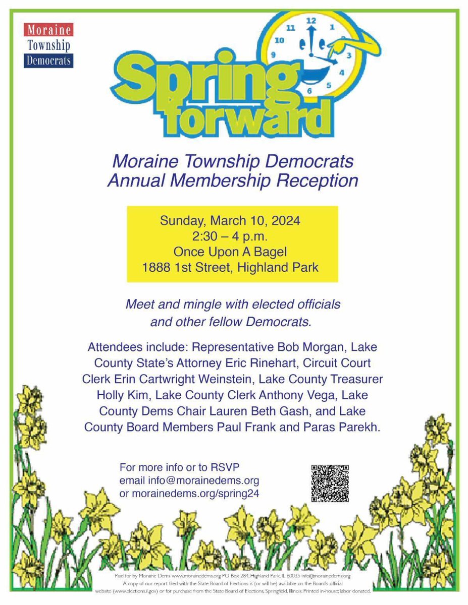 Our annual Moraine Township Democrats Spring Forward membership reception, which we hold on the day we change our clocks, is coming up on Sunday, 3/10. Sign up: docs.google.com/forms/d/e/1FAI… FREE for current members. Join us at Once Upon a Bagel, 1888 1st St., Highland Park, 2:30-4pm.