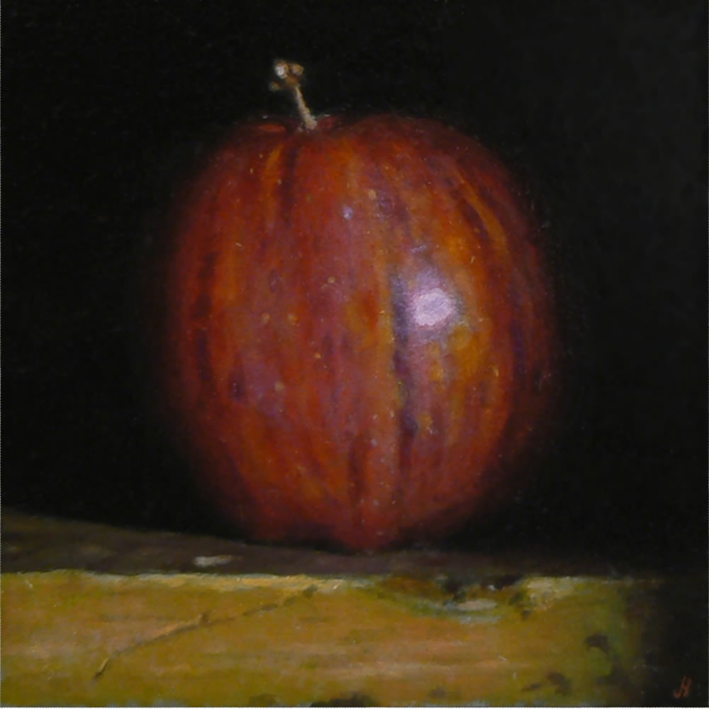A miniature. For your enjoyment, this is 'Red Apple No. 5', oil on panel, 4x4 inches / 10x10 cm (sold). #art #painting #stilllife