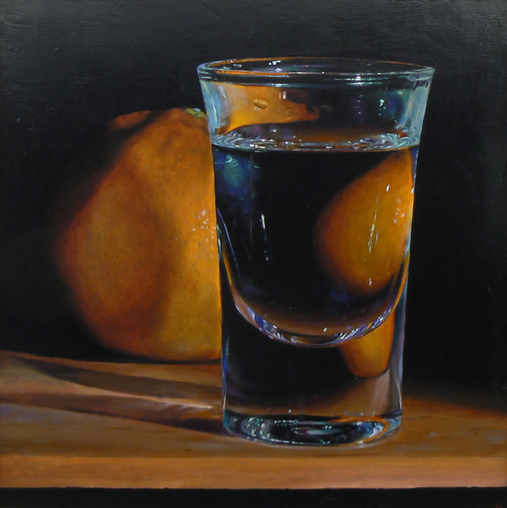 For your enjoyment, this is 'Tangerine and Shotglass', oil on linen, 24x24 inches / 60x60 cm (sold). #art #painting #stilllife