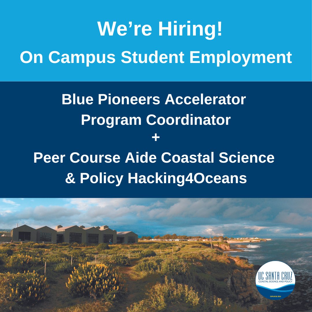 UCSC Students - We're hiring for two part-time positions! Help coordinate the Blue Pioneers Accelerator Program or be a peer course aide for the Hacking 4 Oceans entrepreneurship class. Apply in UCSC Handshake #ucsc #hiring #ucscstudents