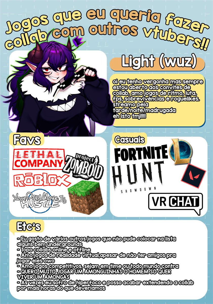 lightwuz's tweet photo. oi eu vou voltar de viagem amanhã, e vou voltar as streams e criação de conteúdo logo logo, fiz um cartãozinho de collab pq apesar de conhecer mto vtuber fodas que eu sou comfy de fazer collab com eu ainda não tenho coragem de convidar owo
qualquer coisa só chamar owo............ https://t.co/8Mi2BpdNXV