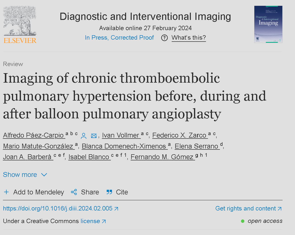 Alfredo Páez-Carpio (@apaezcarpio) on Twitter photo Happy to share our new publication on imaging findings before and after balloon pulmonary angioplasty for the treatment of CTEPH available in Diagnostic and Interventional Imaging <a href="/hospitalclinic/">Hospital Clínic</a> <a href="/UHN/">University Health Network</a>
authors.elsevier.com/sd/article/S22… Happy to share our new publication on imaging findings before and after balloon pulmonary angioplasty for the treatment of CTEPH available in Diagnostic and Interventional Imaging <a href="/hospitalclinic/">Hospital Clínic</a> <a href="/UHN/">University Health Network</a>
authors.elsevier.com/sd/article/S22…