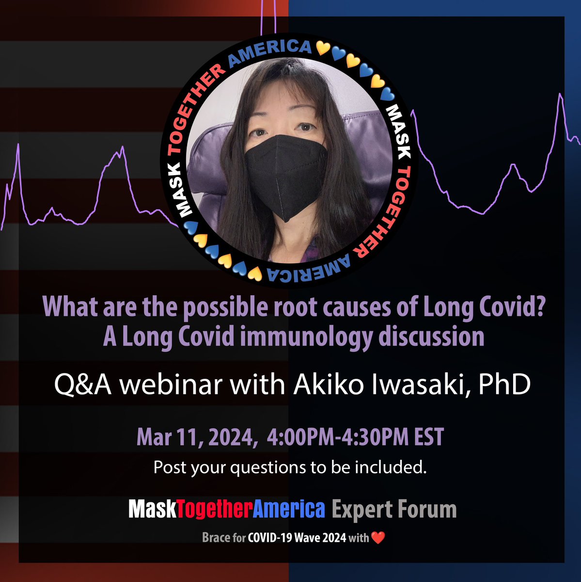 ✨What are the possible root causes of #LongCovid? A Long Covid immunology discussion✨ MaskTogetherAmerica invites you to join a Q&A session with Prof. Akiko Iwasaki, PhD @VirusesImmunity Mar 11 (4-4:30PM EST) Register & post questions to be included 👉bit.ly/3SWEcGe