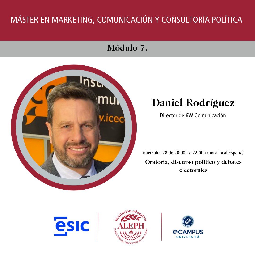 Mañana pondremos punto y final al módulo 7 sobre oratoria, discurso político y debates electorales con la clase de <a href="/Danielrogonza/">Daniel Rodríguez González</a>, director de 6W Comunicación. 

¡Seguimos aprendiendo en ALEPH! 💪🏼

#aleph #compol #master #educacion #formacion #oratoria #liderazgo #politica
