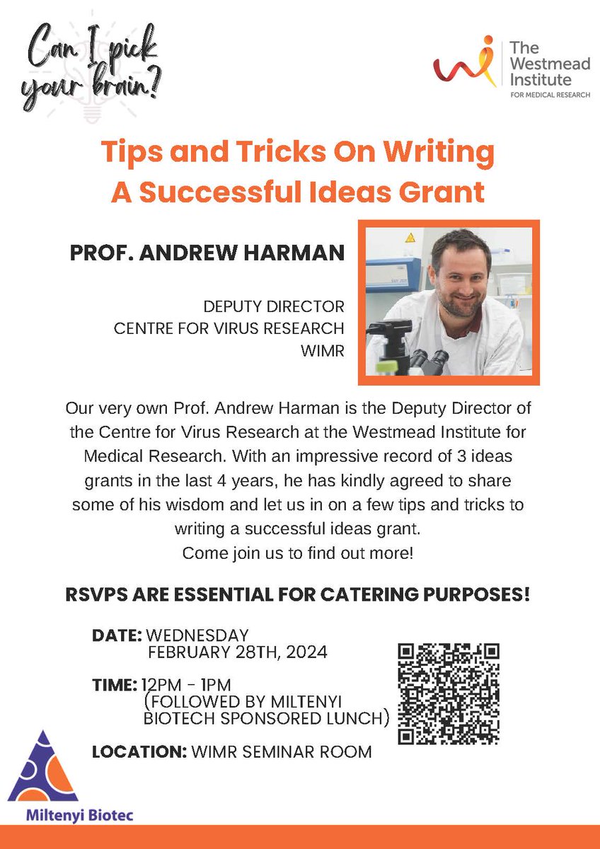 The 'Can I Pick Your Brain?' seminar series is back today! Prof. Andrew Harman will be passing on his valuable tips and tricks for writing a successful Ideas grant. #westmeadEMCRs @WestmeadInst @miltenyibiotec