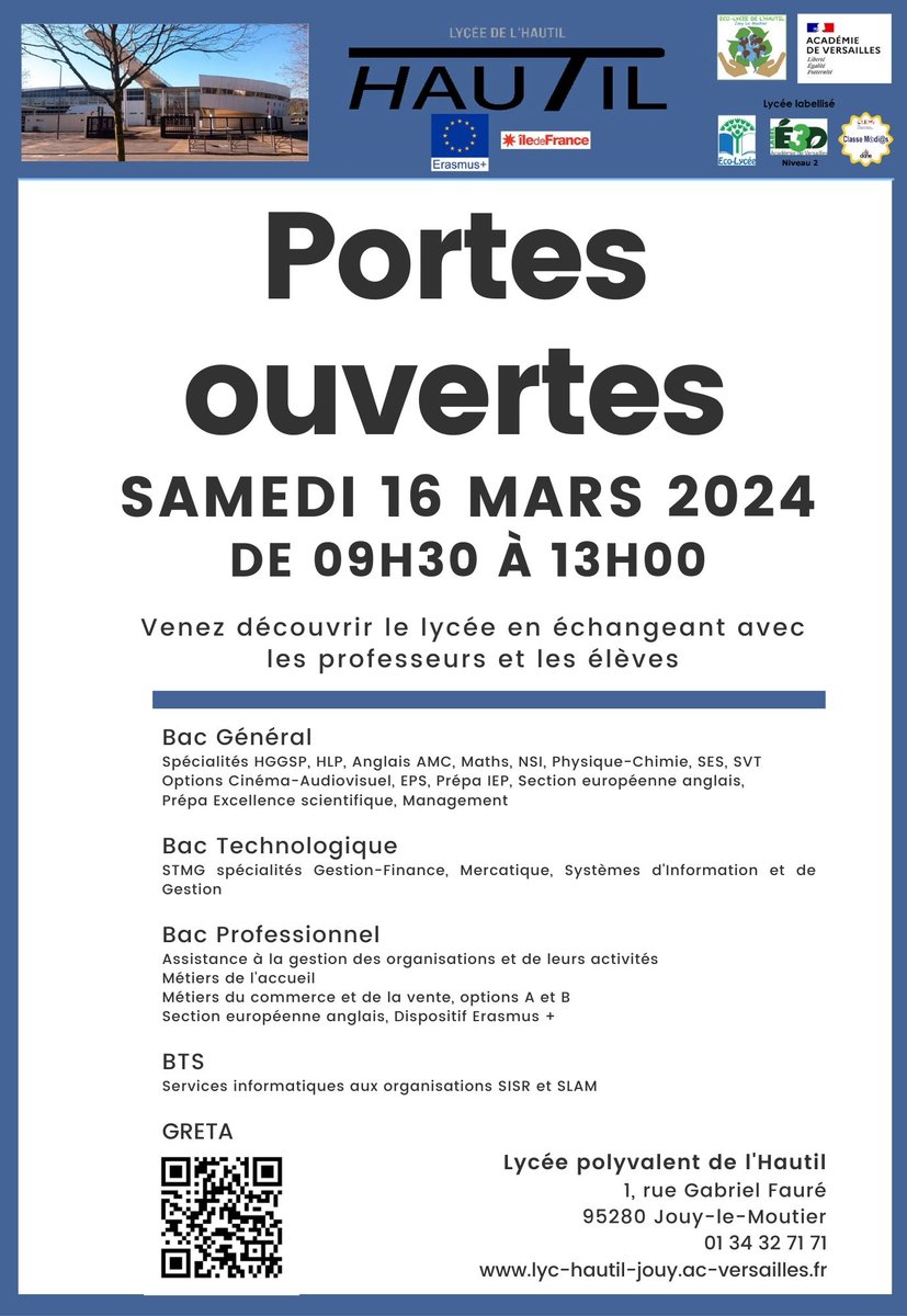 Journée portes ouvertes au lycée de l'Hautil Samedi 16 mars 2024 de 9h30 à 13h00. Venez nombreux découvrir nos locaux et échanger avec nos enseignants et élèves ! #JPO
