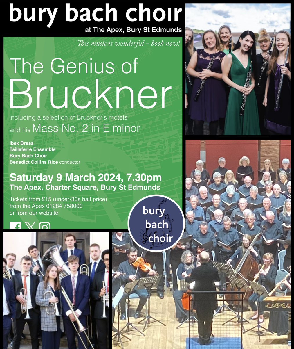 Come and join @BuryBachChoir @TailleferreE and Ibex Brass @TheApexVenue on 9 March for the three Ms of Bruckner: Mass, Motets and Magnificat. 📍@TheApexVenue 📆 9/3/24 🎟️ bit.ly/BuryBachChoirM… #burybachchoir #burystedmunds #bruckner200 #antonbruckner #concert #westsuffolk