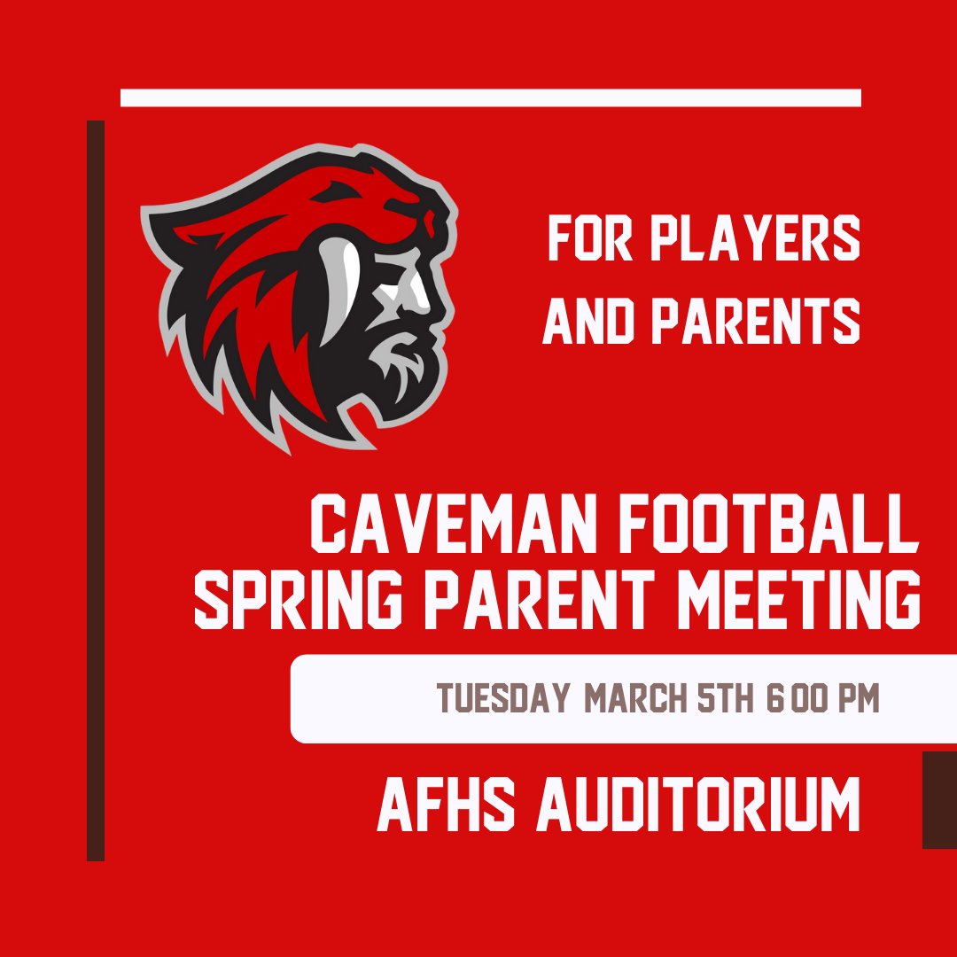 Our Spring Parent Meeting will be Tuesday March 5th at 6:00 PM in the AFHS Auditorium. We are excited to see you all there!