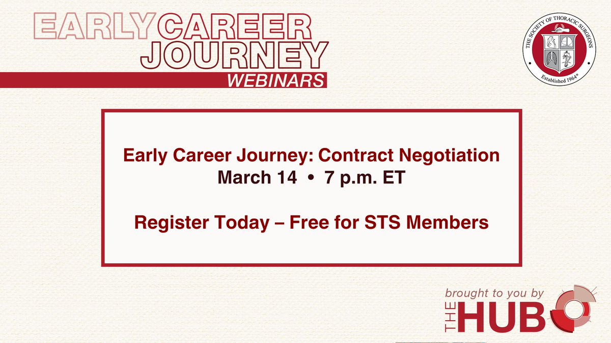 Early careerists: register now for the upcoming STS webinar on contract negotiation. The event takes place at 7 pm ET on Thurs., March 14. Free for STS members! Hear perspectives from an early career surgeon, a chief of surgery & a contracts consultant. bit.ly/3OMoZWG