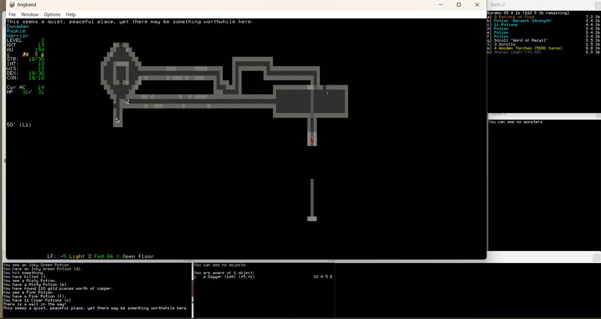 sougen2022's tweet photo. #Angband 4.2.5
DLだけしてあって、起動するのは昨日が初めてでした。ダンジョンに入って初手に出会った敵を倒しただけでレベルが2にあがったことに驚きました。寝るまでの時間、すこしだけ遊んできます! https://t.co/1iONttUMpt