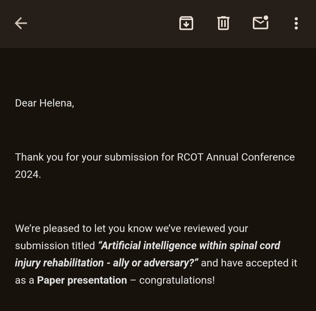 EXCITING ANNOUNCEMENT 🎉 I'm pleased to share that I will be presenting at the #RCOT2024 conference!! 🤓  @theRCOT  I look forward to delivering a thought provoking talk on the use of AI in spinal cord injury rehabilitation 😁🌿