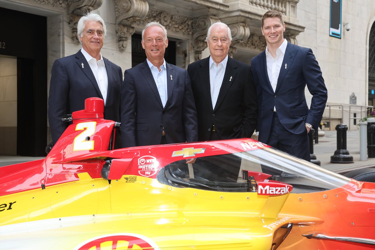 Open for Business! 🔔 Your defending #Indy500 winner @josefnewgarden, Roger Penske and @BorgWarner CEO Frederic Lissalde kicked off the day by Ringing the Bell to open the @NYSE in New York City! #IsItMayYet?