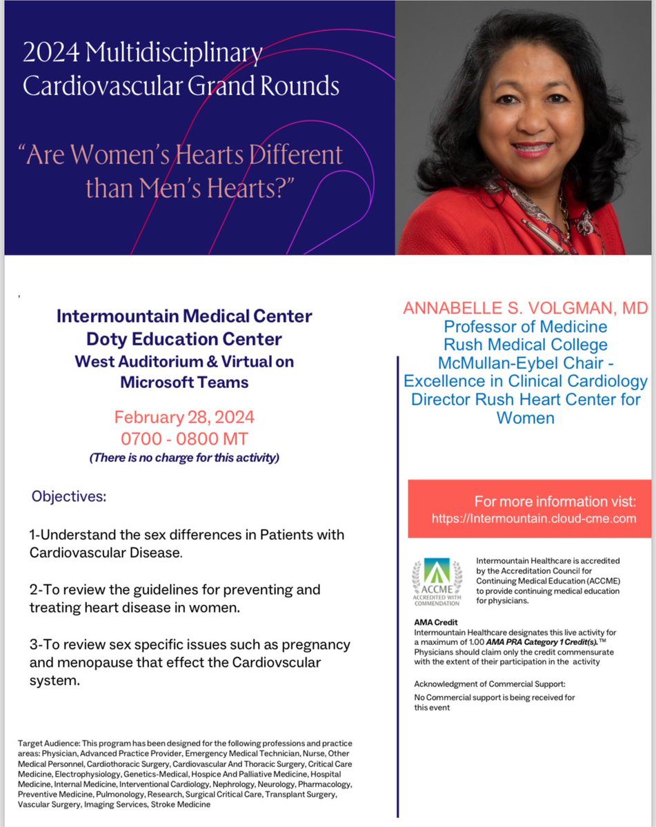 We’re pleased to share that ⁦@avolgman⁩ is giving CV Grand Rounds tomorrow ⁦@Intermountain. On the heels of ⁦@NMHheartdoc⁩’s talk, we are thrilled to have national leaders present to our local teams. ⁩Thank you! ⁦@KirkKnowlton⁩ ⁦@VietHeartPA⁩