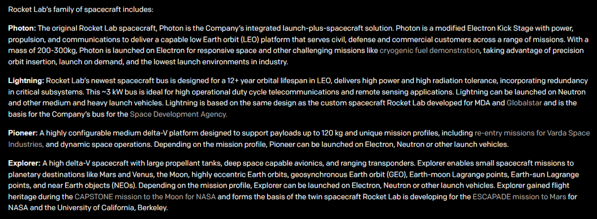 Rocket Lab $RKLB expands lineup of satellite buses:

Photon—The original spacecraft, a modified Electron "kick stage"

Lightning—Newest, designed for 12+ years in LEO. Basis of SDA bus.

Pioneer—For missions like Varda's, up to 120kg

Explorer—Deep space small spacecraft