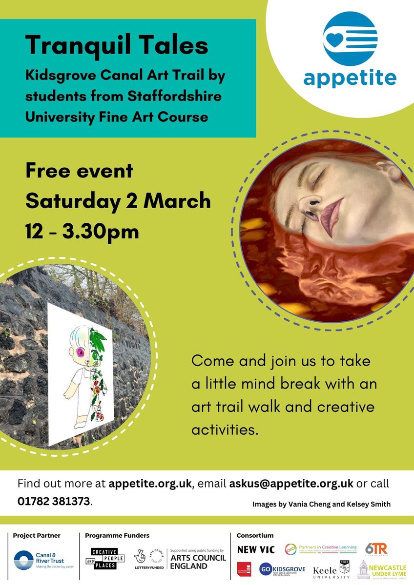 Join us at The Kidsgrove Canal entrance to the Harecastle Tunnel on Saturday for this year’s Canal Trail - artworks made in response to the canal by our @staffsuni  students 12. - 3.30pm in partnership with <a href="/appetitestoke/">Appetite</a> and <a href="/CanalRiverTrust/">Canal & River Trust</a> More info: staffs.ac.uk/news/2024/02/s…