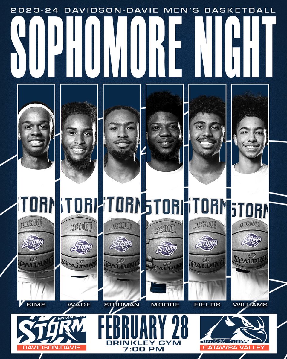 Join us tomorrow night in Brinkley Gym for Sophomore Night. Pack it out and show your appreciation for what these guys have meant to Storm basketball 💙 🆚Catawba Valley CC 🗓️Feb 28 🕖7pm 📍Brinkley Gym 📺YouTube or the link in our bio #njcaa #juco #gostorm #piedmonttriad