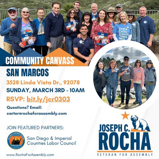 📣🦅⏰ This is it!! 

Join our FINAL weekend of action before Election Day, Tuesday March 5th! 

🎉Join <a href="/eqca/">Equality California</a> / Assemblymember <a href="/ChrisWardCA/">Chris Ward</a> / <a href="/SD_BldgTrades/">SD Building Trades</a> / <a href="/SDLaborCouncil/">San Diego & Imperial Counties Labor Council</a> + more. 

🇺🇸Help us reach every last voter by signing up or giving today: RochaForAssembly.com